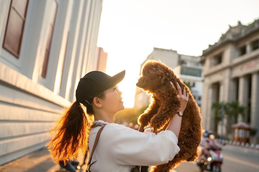 ペットの犬を持ち上げているところ